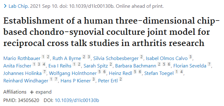 软骨-滑膜3D芯片，关节炎串扰研究